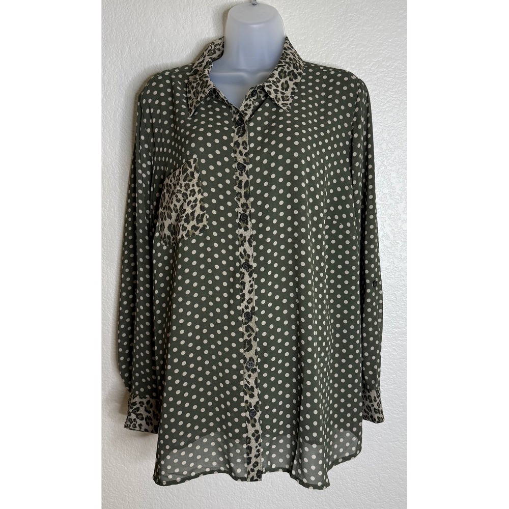 Belle by Kim Gravel Womens 1X Blouse Olive Green Polka Dot Leopard Print Mix
